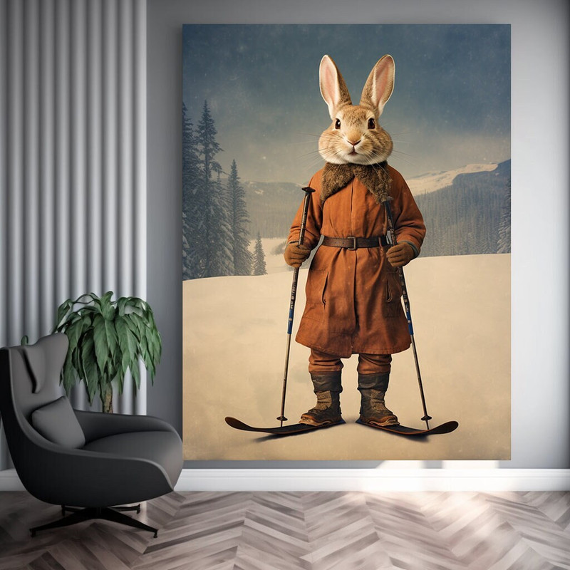 Skiing Bunny Wall Decor, Rabbit Retro Style Wall Decor, Funny Animal Art, Animal Nursery Decor, Cute bunny art, Bunny home Decor, Farmhouse.jpg