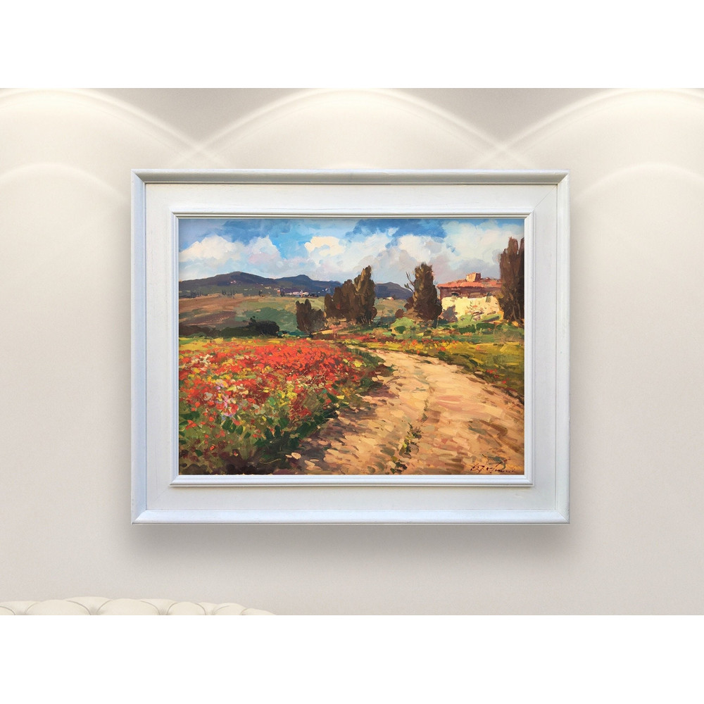 Tuscany Landscape Painting on Canvas, Original Art, Italy Art, Country Painting with Poppies, Impressionist Art, Living Room Wall Art, Gift.jpg