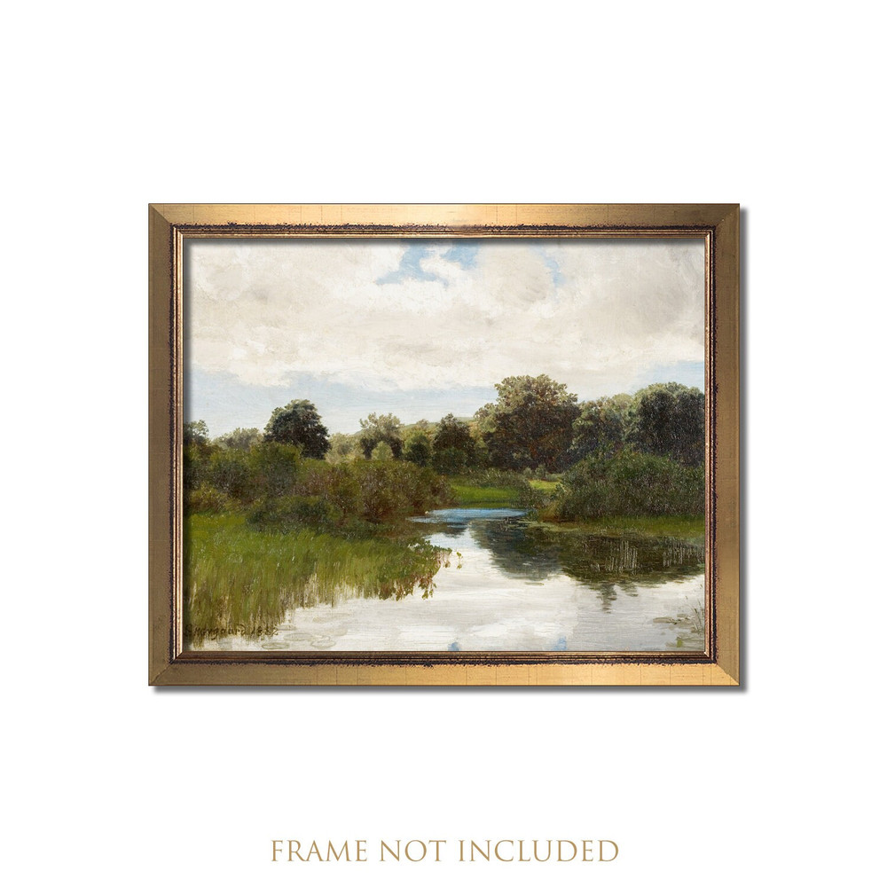Vintage art, Landscape wall art, Landscape painting, Landscape print, Pond painting, Lake art, Antique oil painting, Calm artwork for walls.jpg