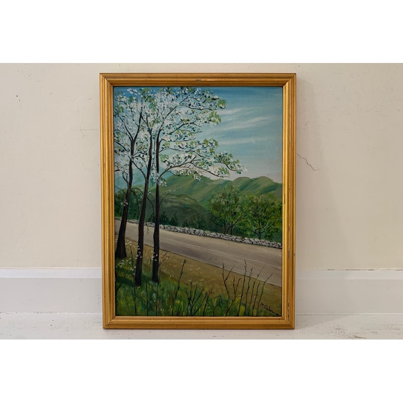 Vintage Original Painting Midcentury Gold Framed Oil on Canvas Board Landscape Flowering Trees Spring Mountain Road Stone Wall Rolling Hills.jpg