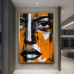 woman face art, woman eye oil painting, american culture canvas painting, woman wall art, black and orange art, eye wall