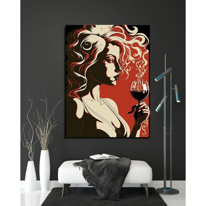 Wine and Woman Wall Decor, Beautiful Woman Decorating with Colorful Patterns, Wine Wall Art, Woman Wall Decor, Housewarming Gift, Minimalist-1.jpg