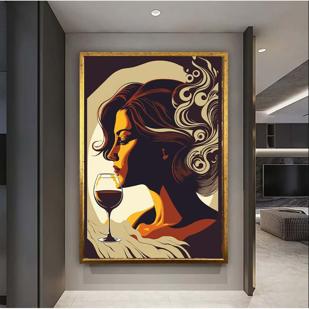 Wine and Woman Wall Decor, Beautiful Woman Decorating with Colorful Patterns, Wine Wall Art, Woman Wall Decor, Housewarming Gift, Minimalist-3.jpg