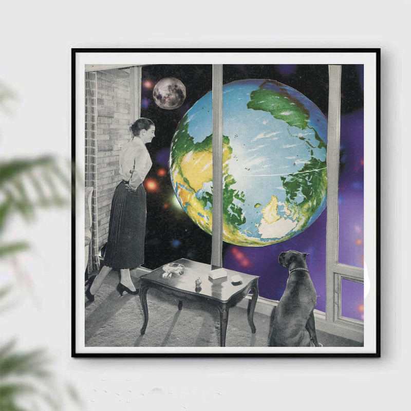 Modern square print, earth, full moon, universe, collage art poster.jpg