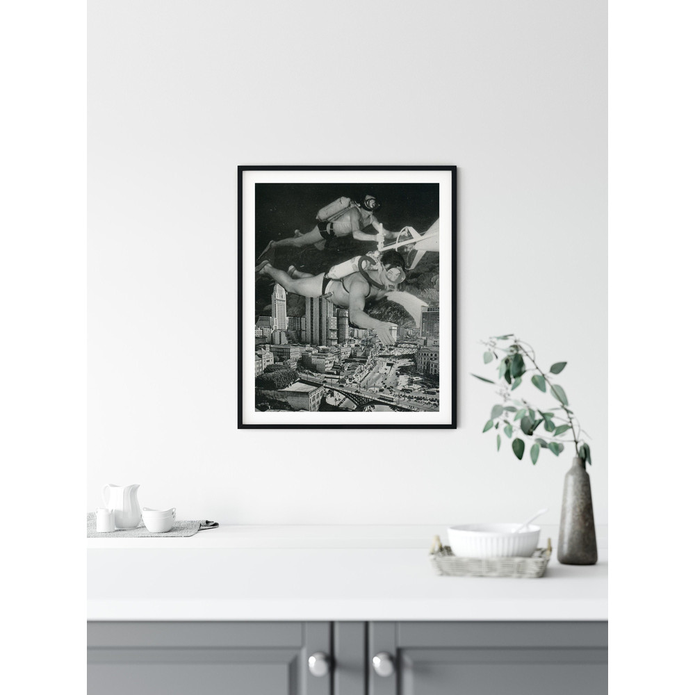 Monochrome print, A4 black and white print, Bathroom decor, Diving art, Cityscape.jpg