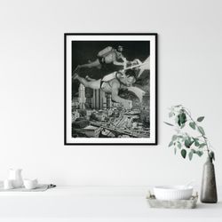 monochrome print, a4 black and white print, bathroom decor, diving art, cityscape