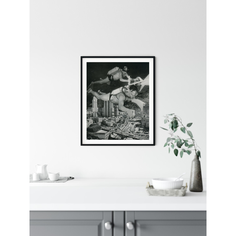 Monochrome print, A4 black and white print, Bathroom decor, Diving art, Cityscape.jpg