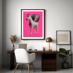 unicorn print, neon pink art, dopamine decor, collage art print, large wall decor