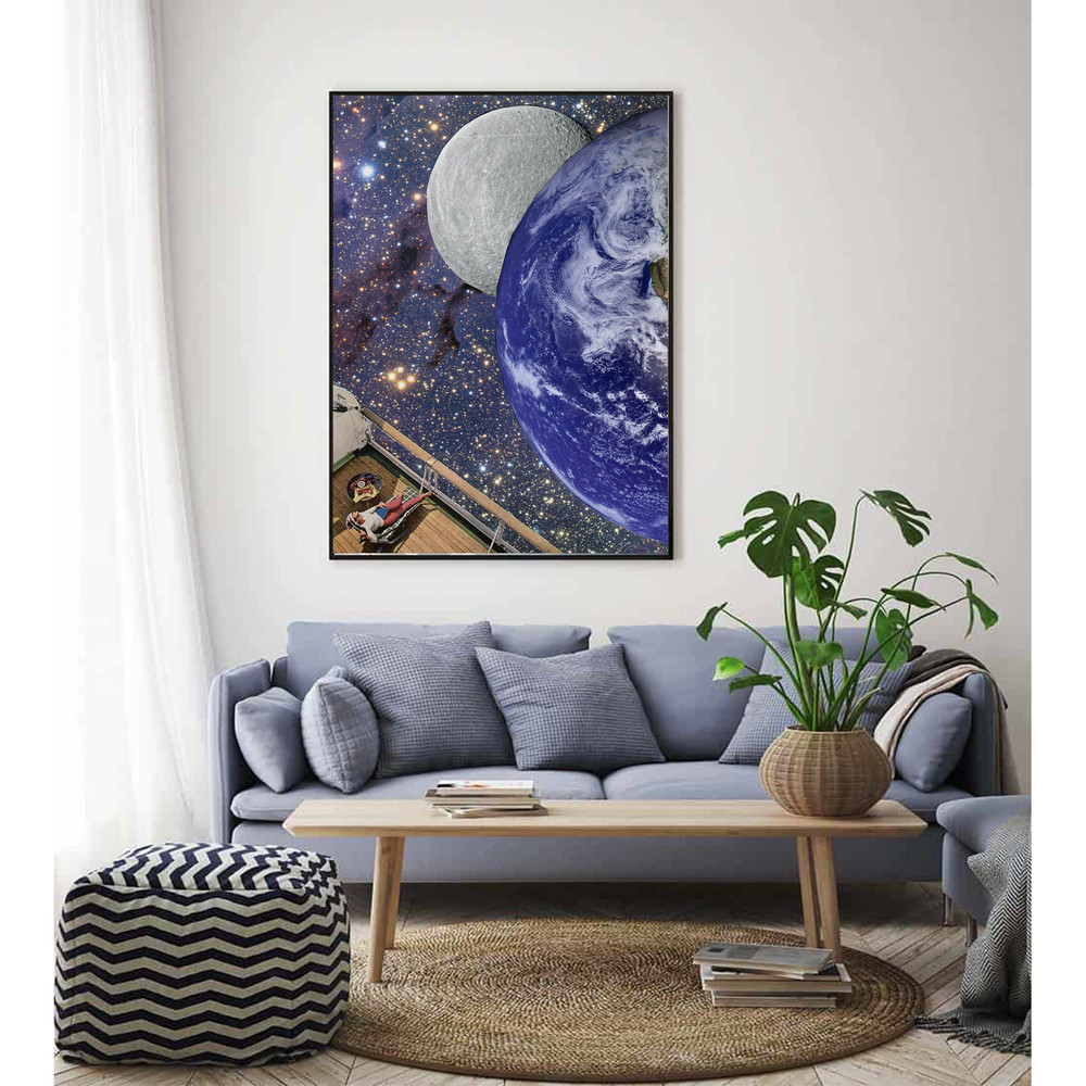 Large blue wall art, Universe, space, stars, earth and moon, Feminist large poster.jpg