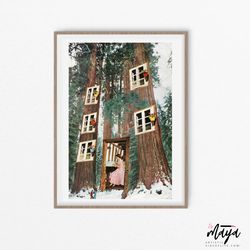 woods print, trees art, nature posters, fairy house, surreal artwork, collage art,