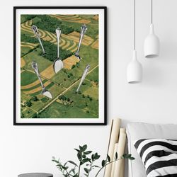 spoons art, nature art, fields, green poster, large wall art, unique print, collage art
