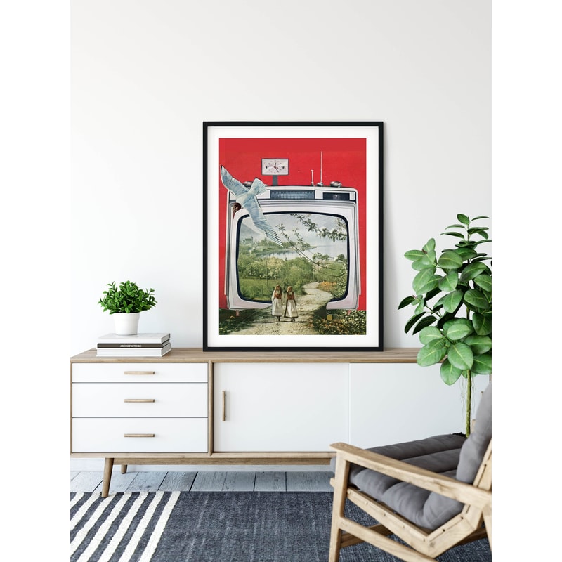 Red print, Red tv poster, Collage art, Large wall poster, Retro vibe, Modern landscape art.jpg