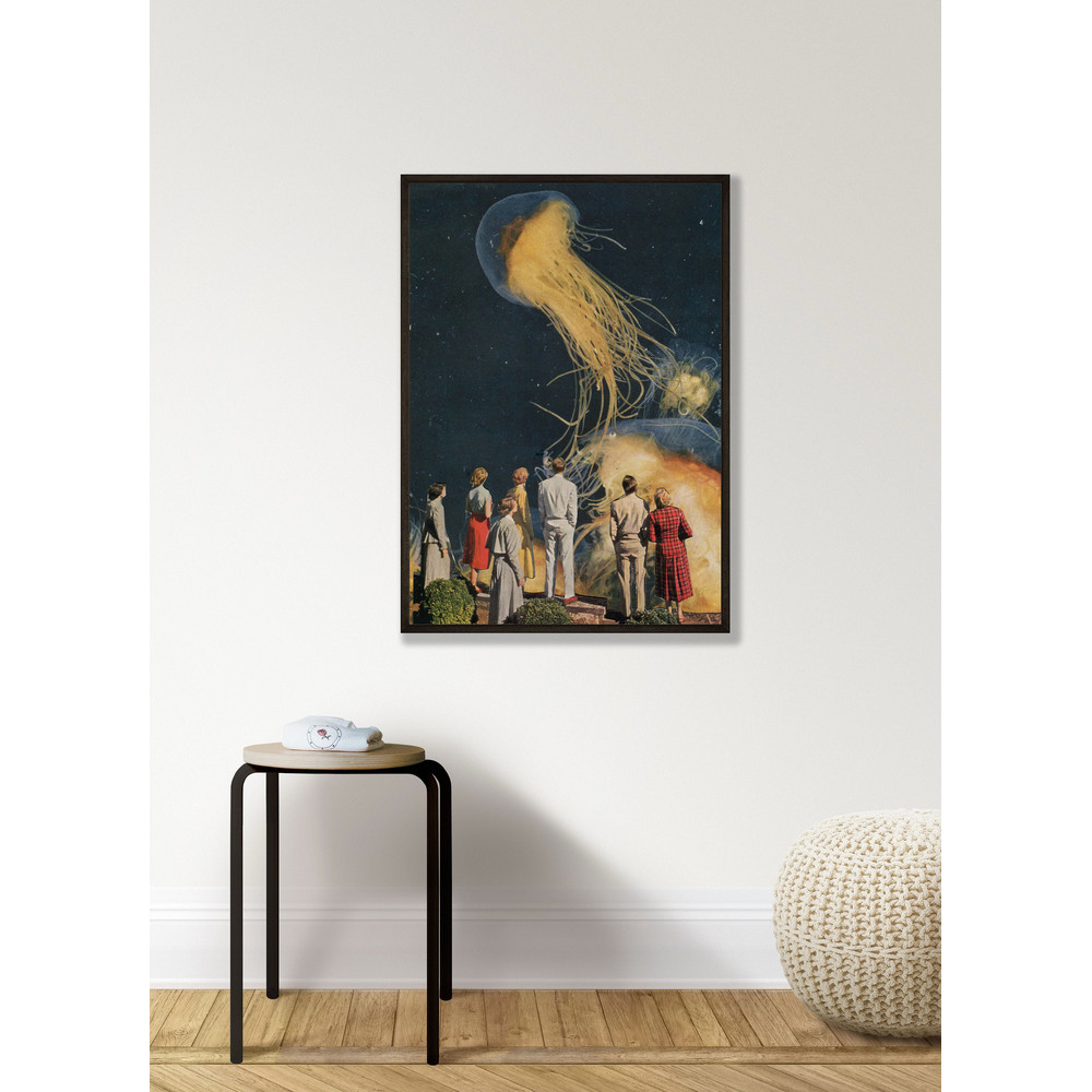 Large wall art prints, Extra large poster, UK artist, Jelly fish print, Yellow and navy decor.jpg