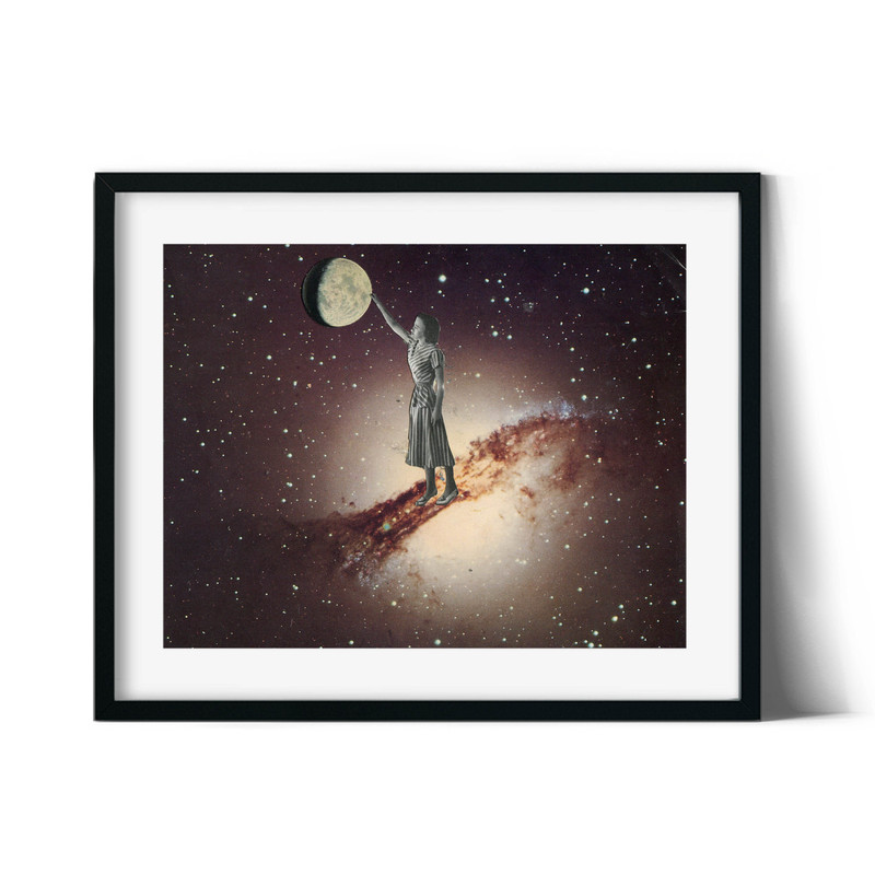 Reach for the moon art print, Universe, Space poster, Retro, vintage collage art, inspirational.jpg