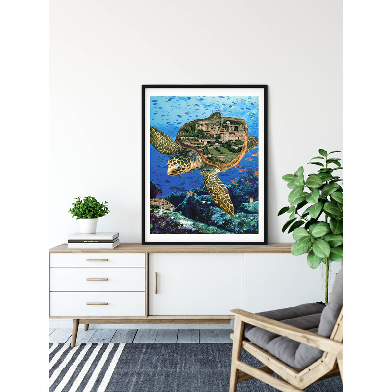 Sea Turtle Print, Underwater city Art, Sea Turtle Art, Large wall art print, Underwater city art.jpg
