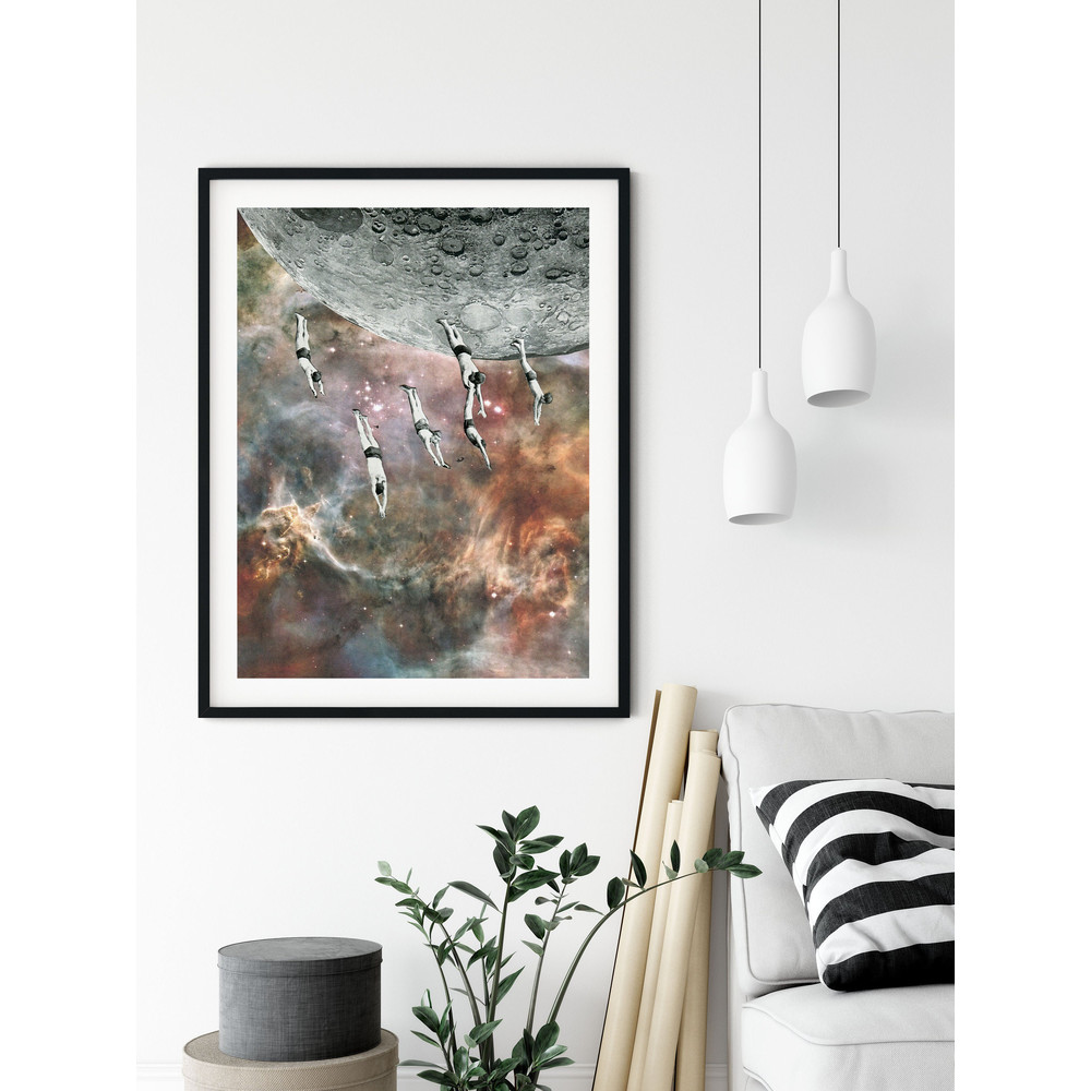 Retro universe poster, Full moon art, Swimming in the space print, Living room art, Bedroom prints.jpg