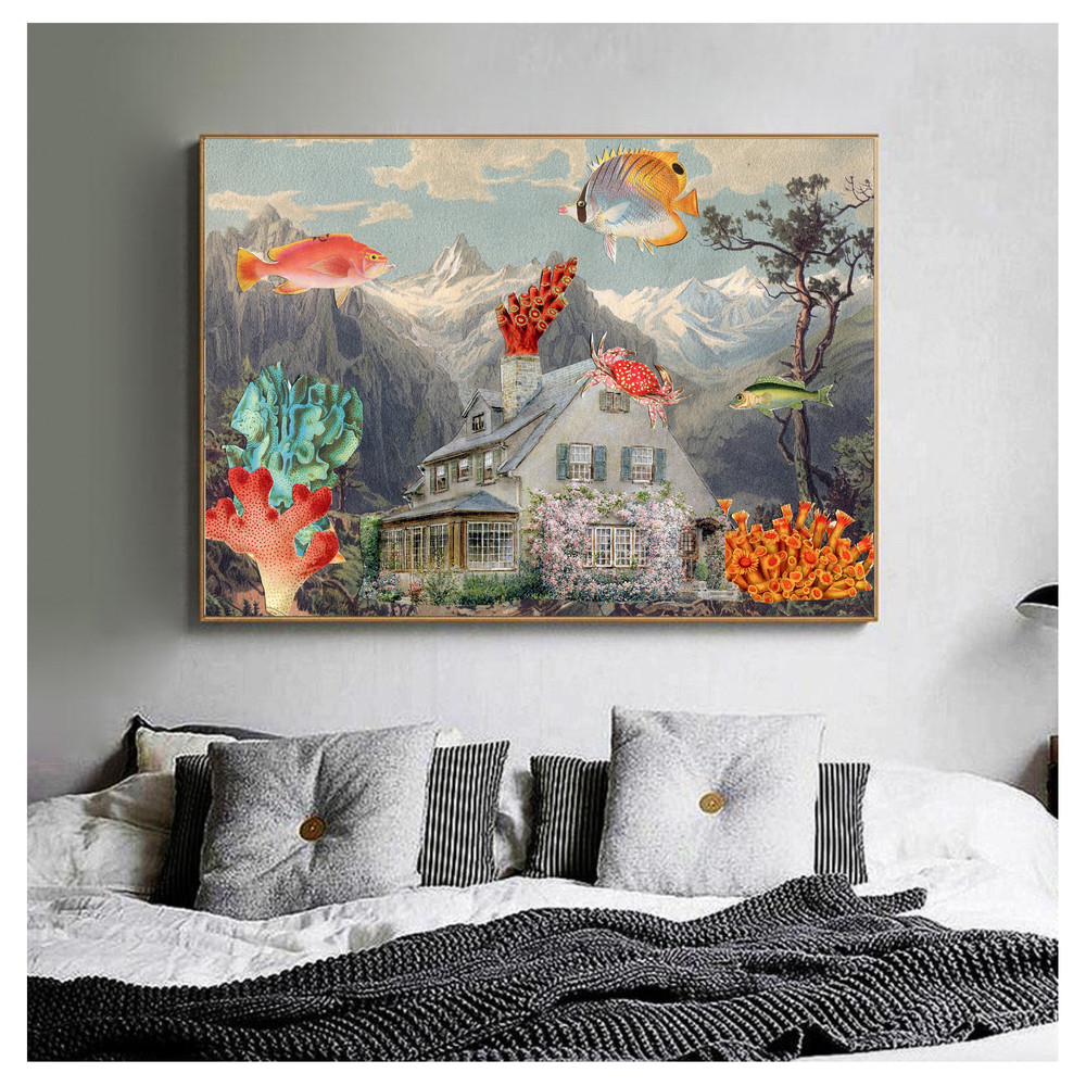 Underwater house print, Extra large landscape print, Unique collage art, Surrealism print, Large wall prints.jpg
