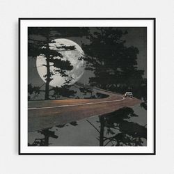 vintage car prints, black and white print, full moon poster, minimalist art, gift for car lover, gift for him