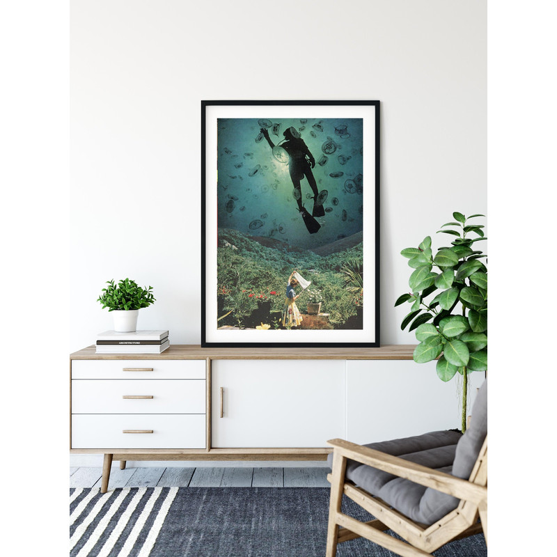 Large wall art, extra large art, 30 x 40, 20 x 30, 45 x 30 prints, retro print, jellyfish art, jelly fish, diver.jpg