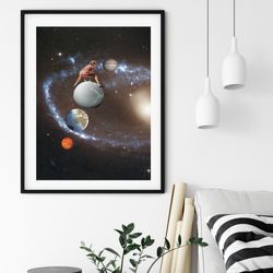 solar system print, happy art poster, moon and earth, wall art decor, modern art, large prints, extra large wall art
