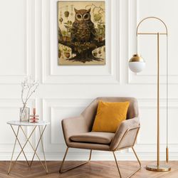 moody owl wall art, vintage-inspired dark cottagecore print, gothic owl art print, dark owl painting, nature-inspired go