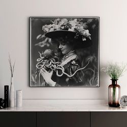 little cthulhu and elegant lady, gothic sea creature art, surreal weird sea wall art, cthulhu and woman old photo, dark