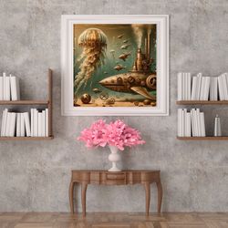 ocean life poster, giant jellyfish and shark under the ocean poster, steampunk art, sea poster, sea life home decor, ste