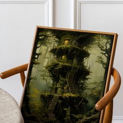 magic forest art print, fairycore decor, nature green home decor, enchanted forest poster, dark cottagecore, forest sage