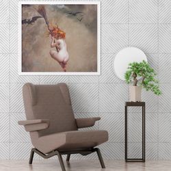 luis ricardo falero the witch print on canvas, sexy redhead witch on a broom, erotic print, naked woman print, nude woma