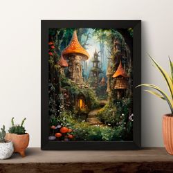 mushroom house wall art, fairytale mushroom cottagecore aesthetic, witch room decor, woodland art print, cottagecore mus