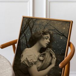 magic woman with cthulhu wall art, sea creature artwork, little kraken wall art, little cthulhu and young girl old photo