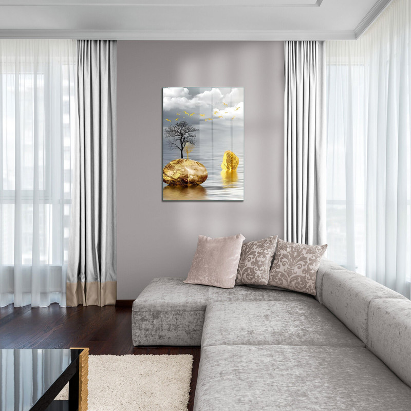 Glass Wall Art, Golden Landscape Wall Art, Tempered Glass Wall Art, Wall Hangings, Abstract Sea Wall Decor, Luxury Tempered Glass.jpg