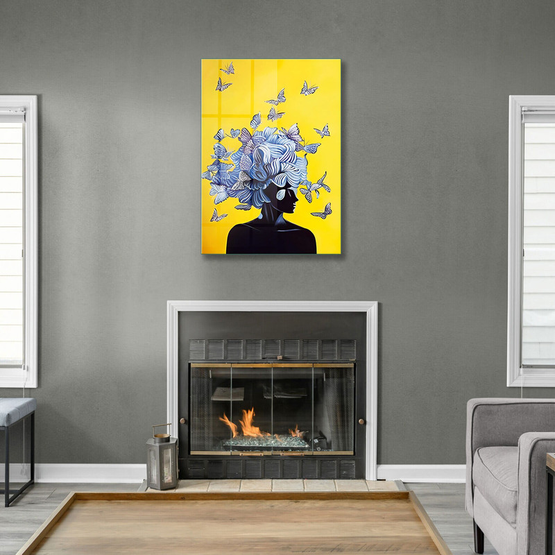 Glass Wall Art, Butterfly Head Woman Wall Art, Tempered Glass Wall Art, Wall Hangings, Black Woman Wall Decor, Modern Tempered Glass.jpg