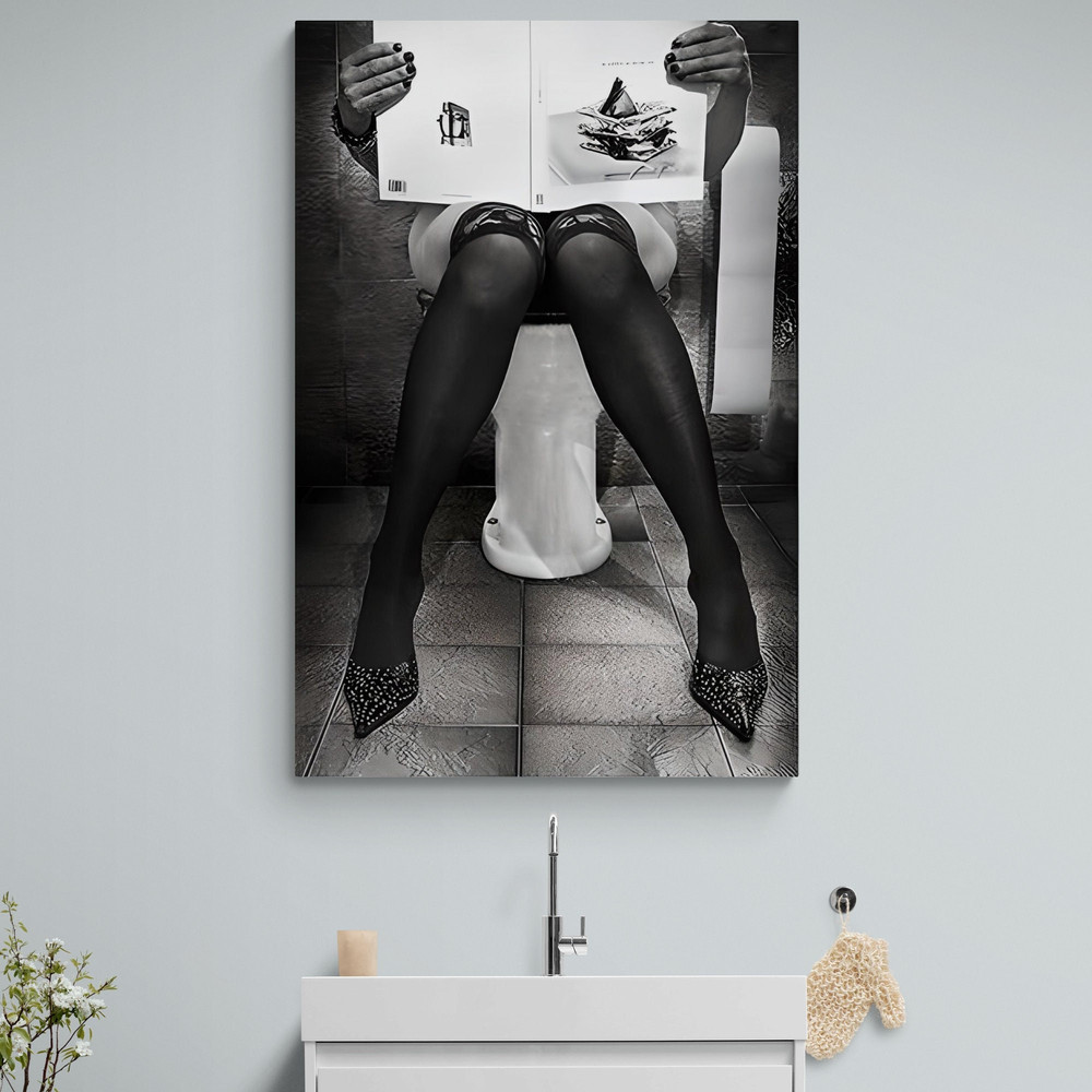 Black and White Woman Framed Canvas, Toilet Wall Art, Girl Reading News Canvas, Bathroom Wall Art, Fashion Toilet White Framed Canvas.jpg