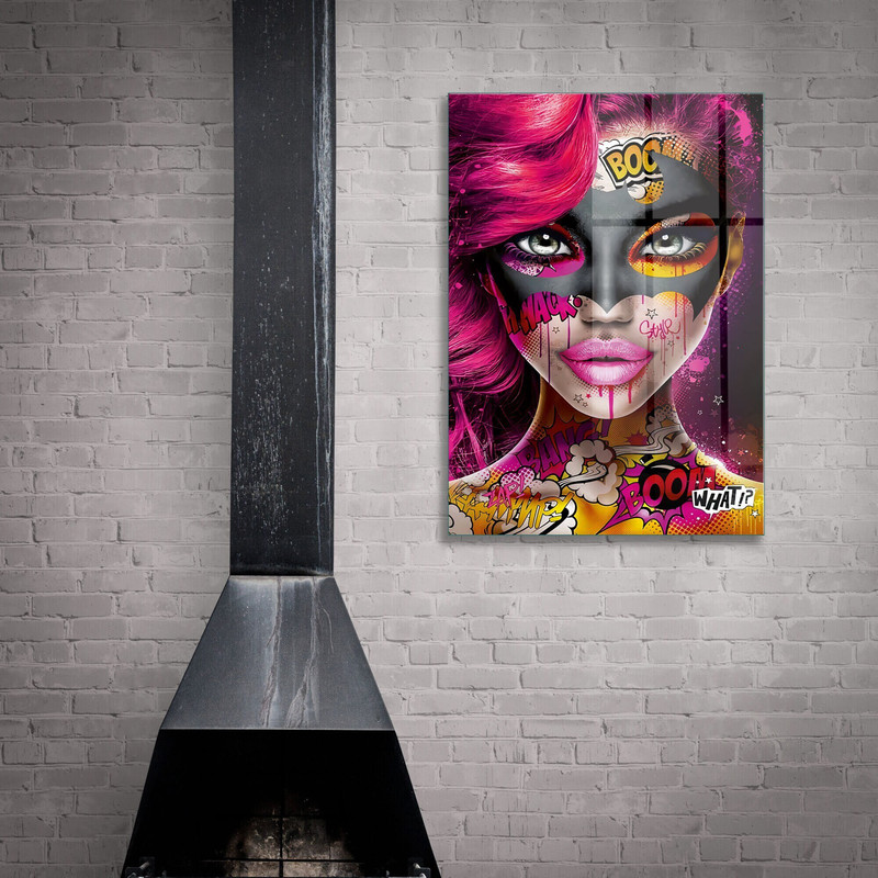 Glass Wall Art, BOOM Woman Face Wall Art, Tempered Glass Wall Art, Wall Hangings, Graffiti Woman Wall Decor, Cool Girl Tempered Glass.jpg