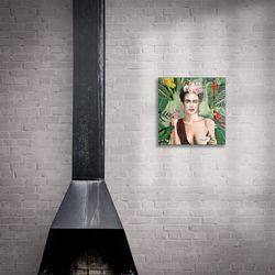 glass wall art, frida kahlo with tea cup, tempered glass wall art, wall hangings, frida kahlo wall decor, birds jungle t