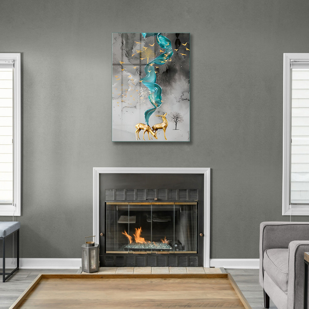 Glass Wall Art, Golden Deer Wall Art, Tempered Glass Wall Art, Wall Hangings, Luxury Wall Decor, Fashion Abstract Deer Tempered Glass.jpg