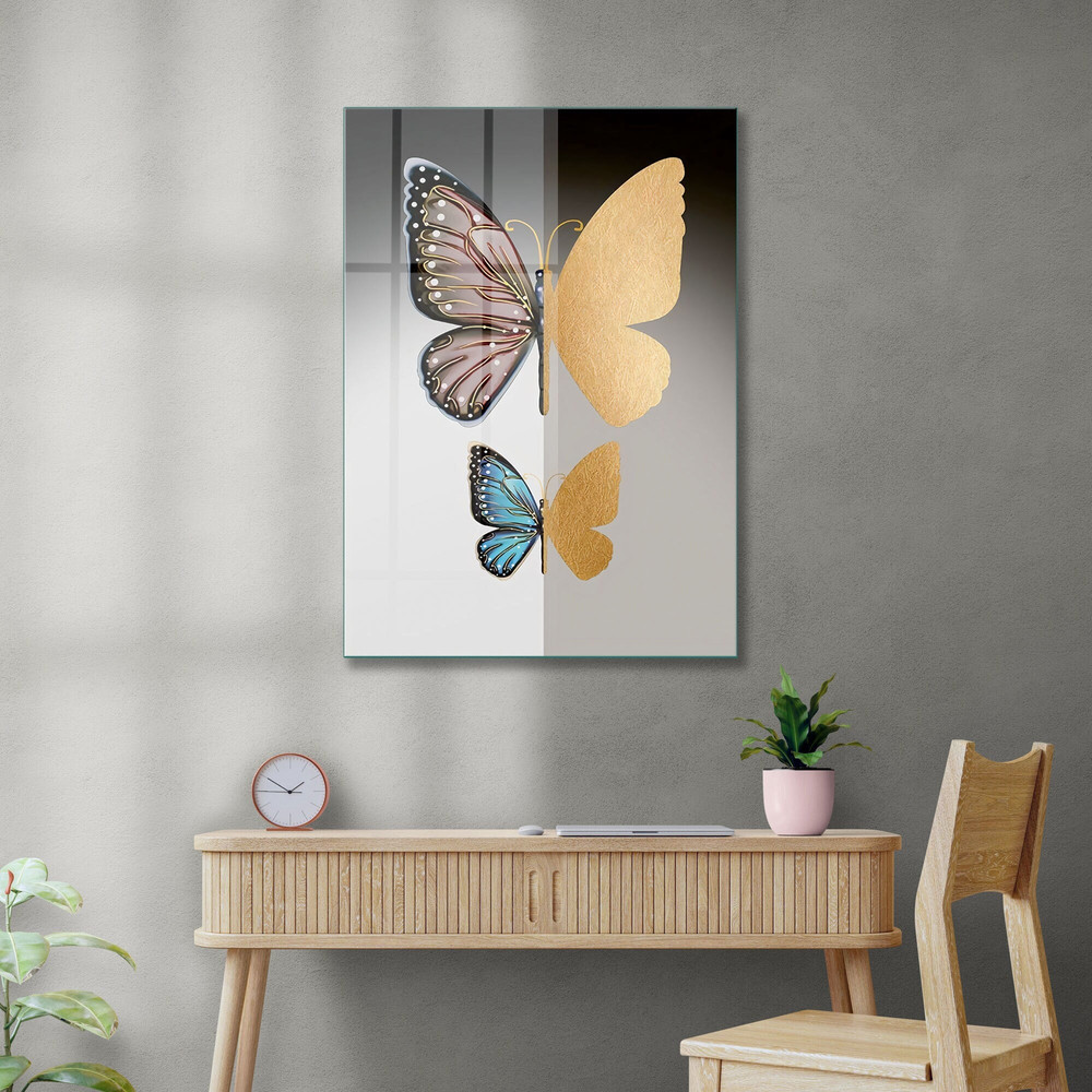 Glass Wall Art, Gold Detailed Butterfly Wall Art, Tempered Glass Wall Art, Wall Hangings, Butterfly Wall Decor, Animals Tempered Glass.jpg