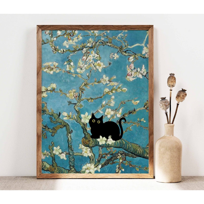 Black Cat Art, Vincent Van Gogh's Almond Blossom Cat Print, Van Gogh Cat Poster, Funny Cat print, Funny gift, Home decor Poster PS0478.jpg