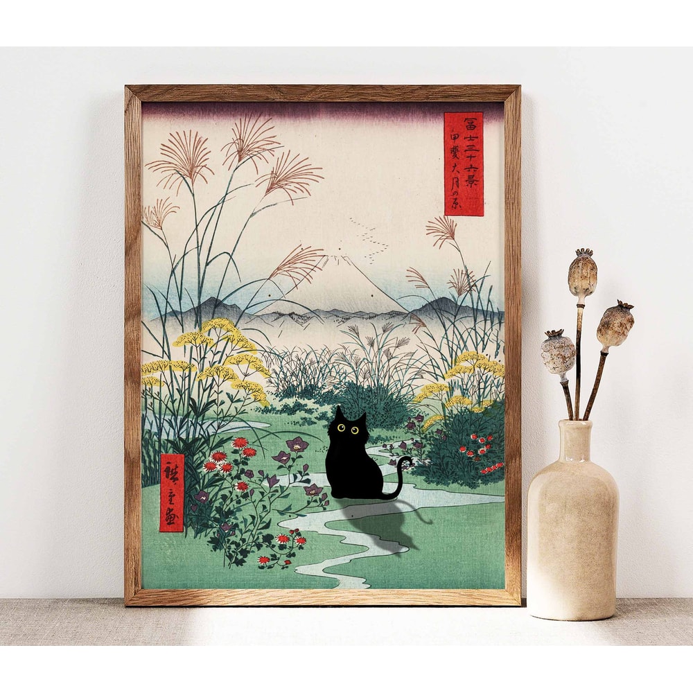 Black Cat Otsuki Plain in Kai Province Poster, Hiroshige Artwork, Japanese Cat Print, Japanese Art, Edo Period Mount Fuji Poster PS0307.jpg