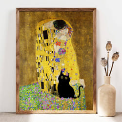 black cat print, gustav klimt the kiss cat poster, cat art, klimt cat print, funny cat print, funny gift idea, home deco