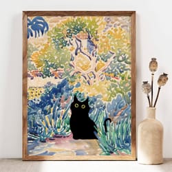 black cat print, henri cross garden cat poster, black cat art, floral print, funny cat print, funny gift idea, home deco