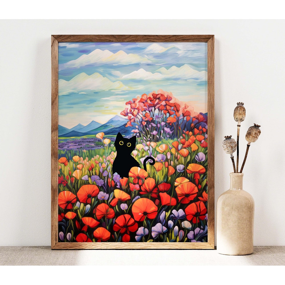 Black Cat Print, Poppy Flower Field Cat Poster, Cat Art, Floral Print, Funny Cat print gift, Fowers Poster, Black Kitten Gift Idea C006.jpg