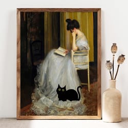 black cat art, the reader cat print, reading woman with black cat poster, funny cat print, funny cat gift idea, back cat