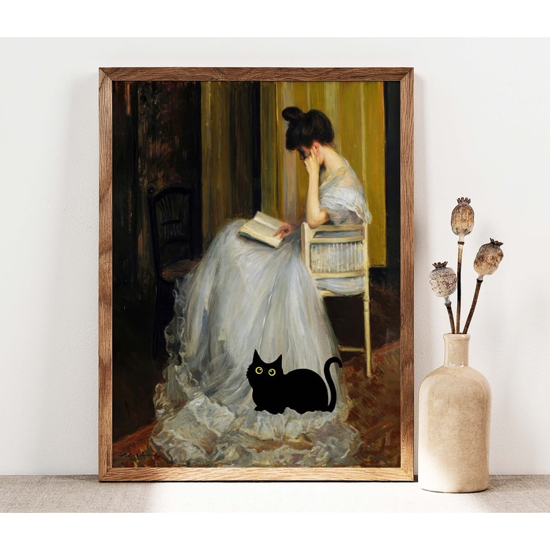 Black Cat Art, The Reader Cat Print, Reading Woman With Black Cat Poster, Funny Cat print, Funny cat gift Idea, Back Cats Painting PS0517.jpg