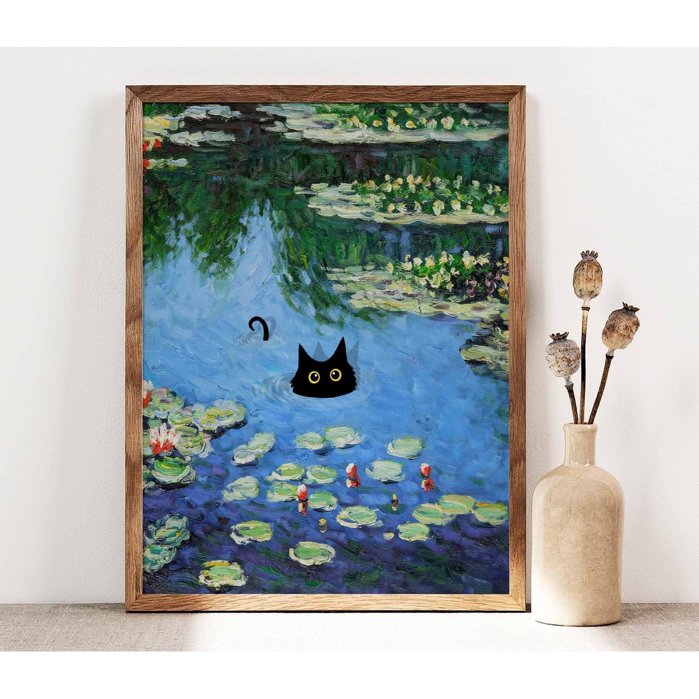 Black Cat Poster, Monet Waterlily Cat Print, Claude Monet Cat Poster, Cat Art, Funny Cat print, Funny gift Idea, Home decor Poster PS0470.jpg