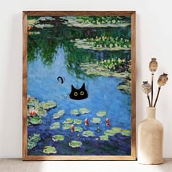 black cat poster, monet waterlily cat print, claude monet cat poster, cat art, funny cat print, funny gift idea, home de