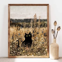 black cat print, funny cat poster, cat art, wildflower field cat wall art, botanical funny cat print, funny gift, cat in