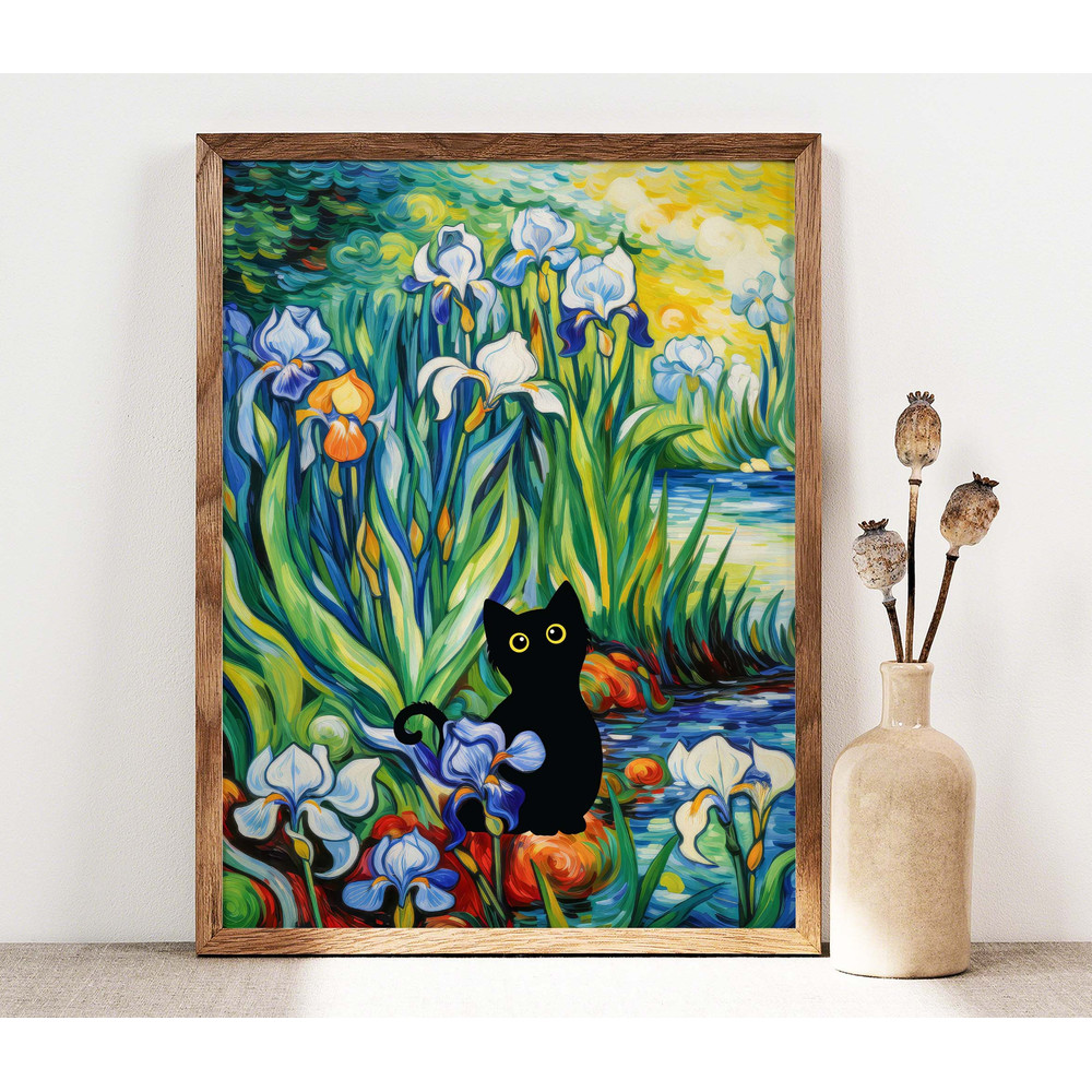 Black Cat Print, Irises Cat Poster, Cat Art, Floral Print, Funny Cat print gift, Fowers Poster, Flower Garden Black Kitten Gift Idea C007.jpg