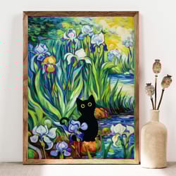 black cat print, irises cat poster, cat art, floral print, funny cat print gift, fowers poster, flower garden black kitt